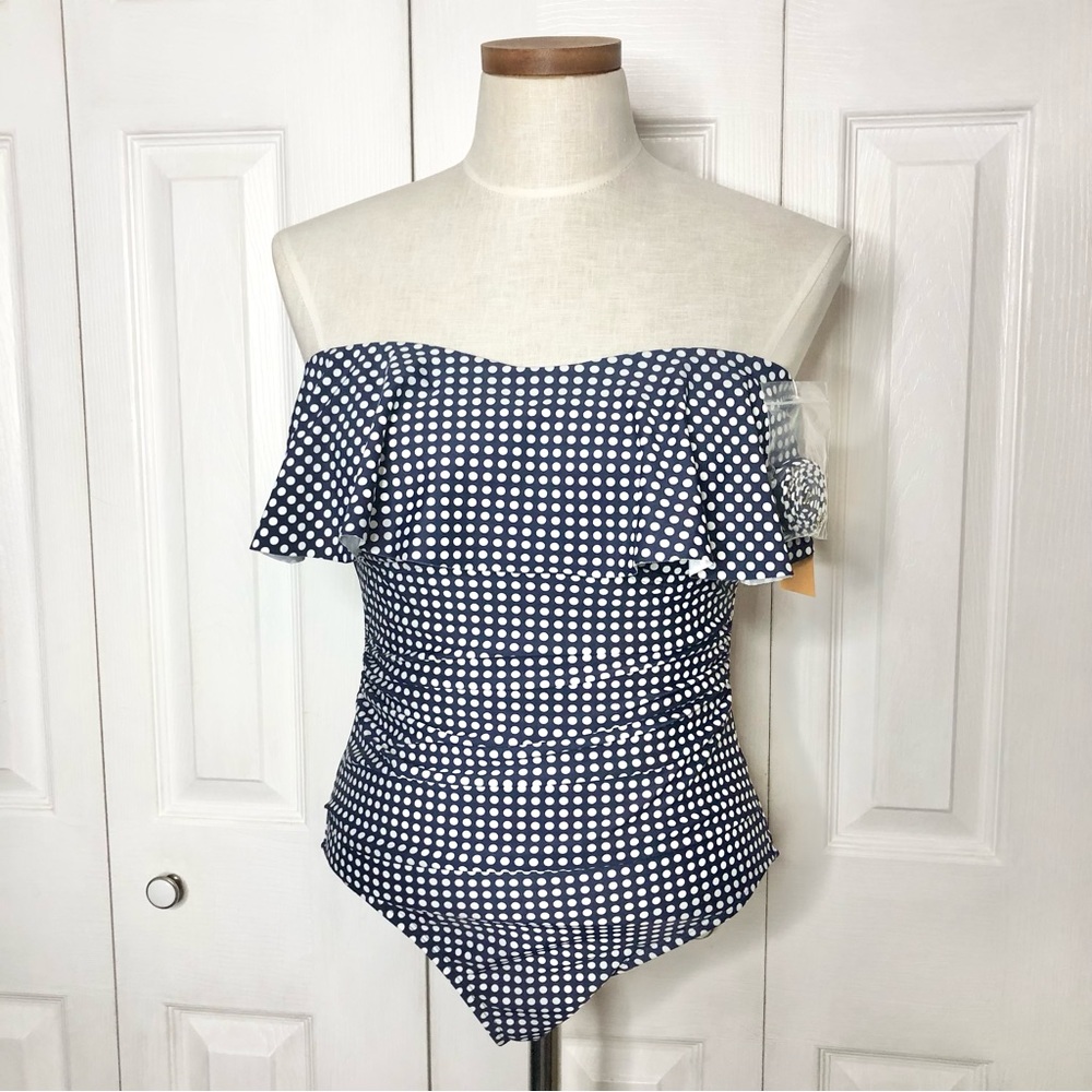NWT Kona Sol polka dot one-piece strapless swimsuit, ruching and ruffle front